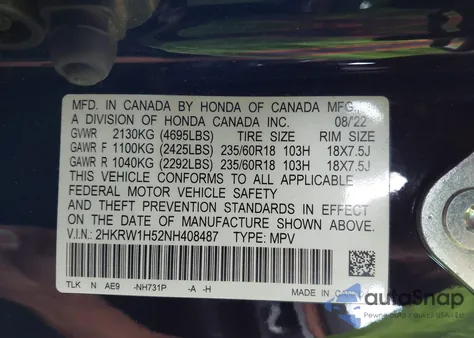 2022 Honda Cr-V 2Wd Ex из США, поврежденный, VIN 2HKRW1H52NH408487